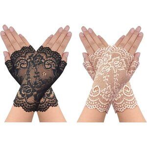 Women's 2 Pair Black Apricot Lace Fingerless Gloves Party Costume Accessories